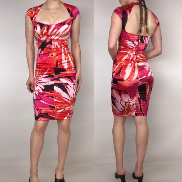 Y2K Cache Silk Cut Out Ruched Floral Bodycon Midi Dress Pink Size 0 - Picture 1 of 8